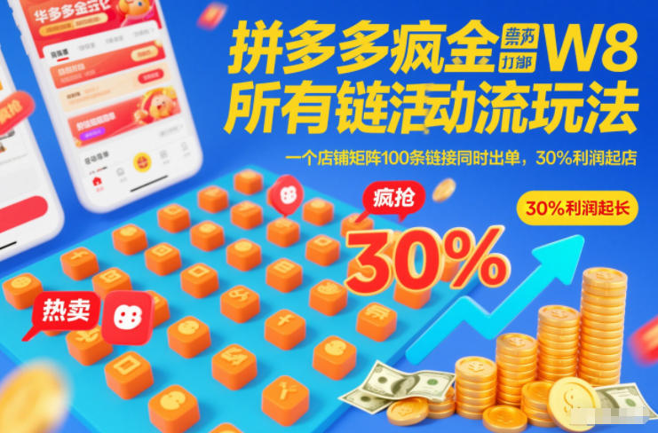 拼多多疯狂活动流玩法，所有链接全部打标，一个店铺矩阵100条链接同时出单，30%利润起店-weicye