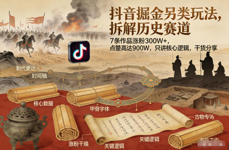 抖音掘金另类玩法，拆解历史赛道，7条作品涨粉300W+，点赞量高达900W，只讲核心逻辑，干货分享-weicye