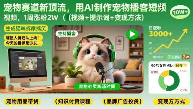 宠物赛道新顶流，用AI制作宠物播客短视频，1周涨粉2W(视频+提示词+变现方法)-weicye