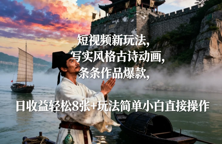 短视频新玩法，写实风格古诗动画，条条作品爆款，日收益轻松8张+玩法简单小白直接操作-weicye