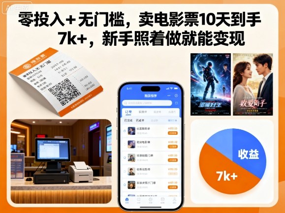 零投入+无门槛，卖电影票10天到手7k+，新手照着做就能变现【揭秘】-weicye