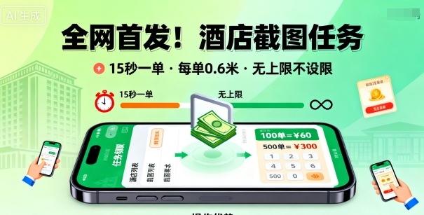 全网首发！酒店截图任务，15秒一单，每单0.6米，任务无上限不设限，矩阵操作单日3张到手【揭秘】-weicye