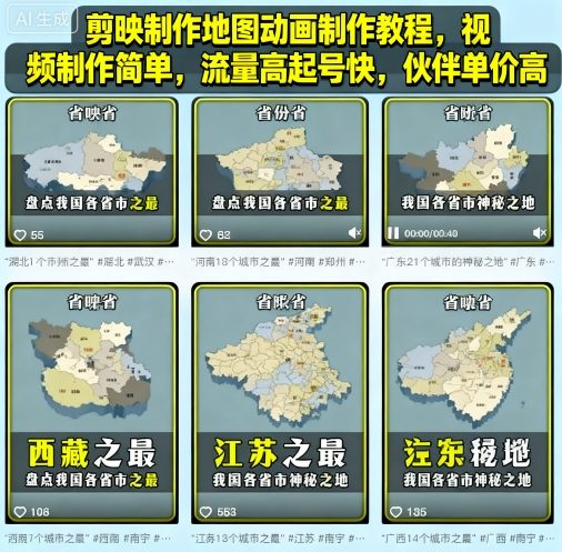 剪映制作地图动画制作教程，视频制作简单，流量高起号快，伙伴单价高-weicye