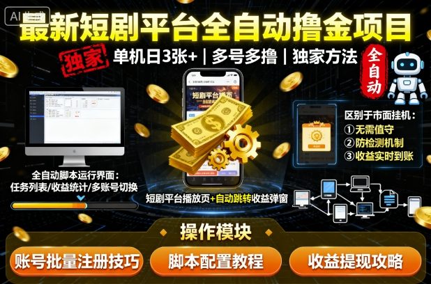 最新短剧平台全自动挂G撸金项目，单机一天3张+，多号多撸，区别于市面所有挂机项目，独家方法【揭秘】-weicye