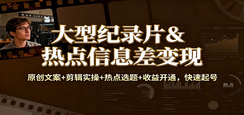 大型纪录片&热点信息差变现：原创文案+剪辑实操+热点选题+收益开通，快速起号-weicye