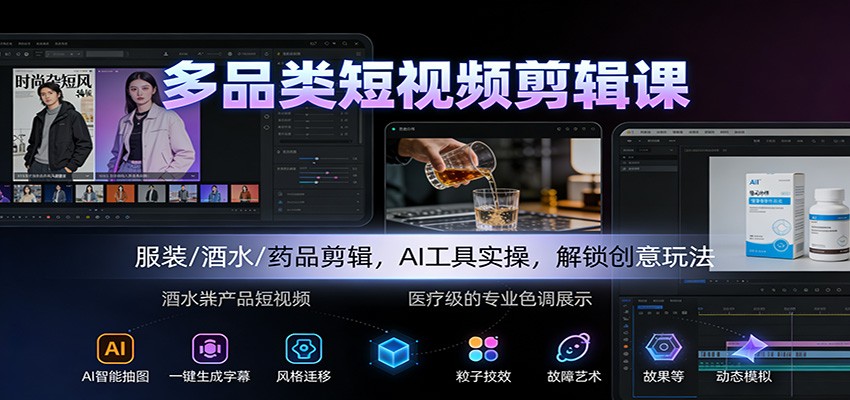 多品类短视频剪辑课：服装/酒水/药品剪辑，AI工具实操，解锁创意玩法-weicye