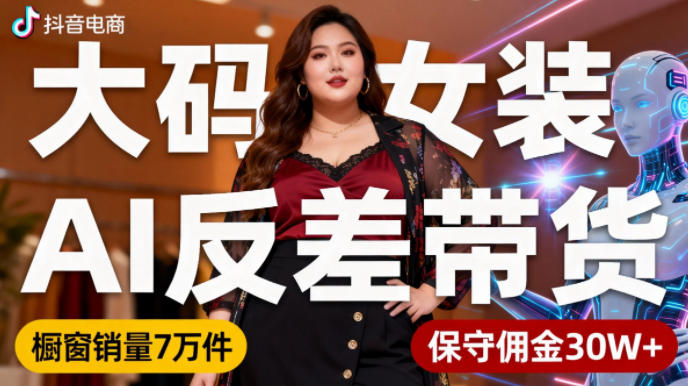 抖音小众赛道，大码女装AI反差带货，不用直播，每天6条作品，橱窗卖7万件，保守佣金30W+-weicye