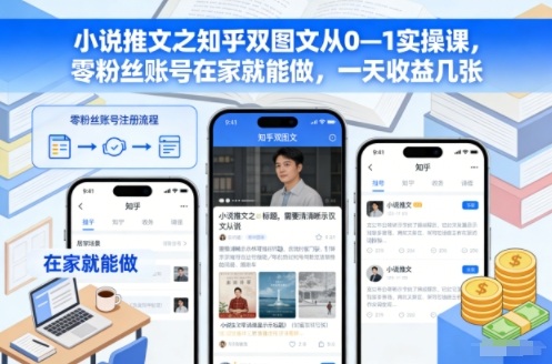 小说推文之知乎双图文从0—1实操课，零粉丝账号在家就能做，一天收益几张-weicye