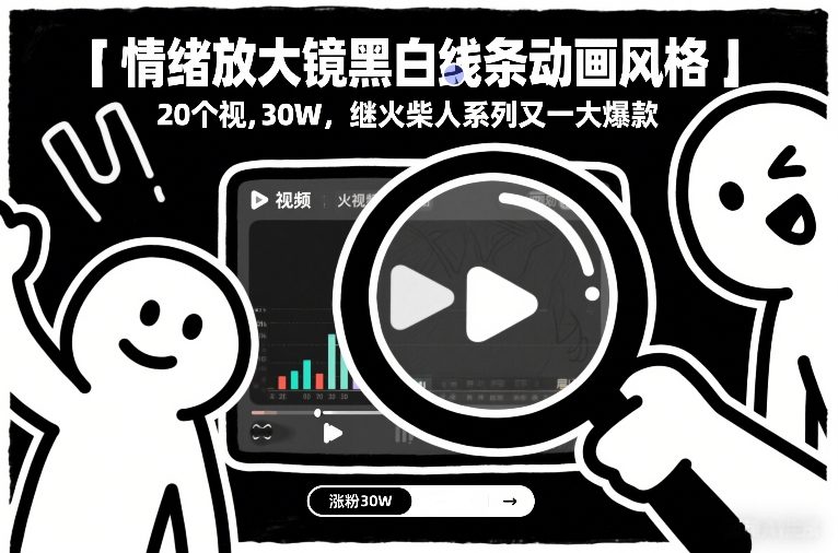 情绪放大镜黑白线条动画风格，20个视频，涨粉30W，继火柴人系列又一大爆款-weicye