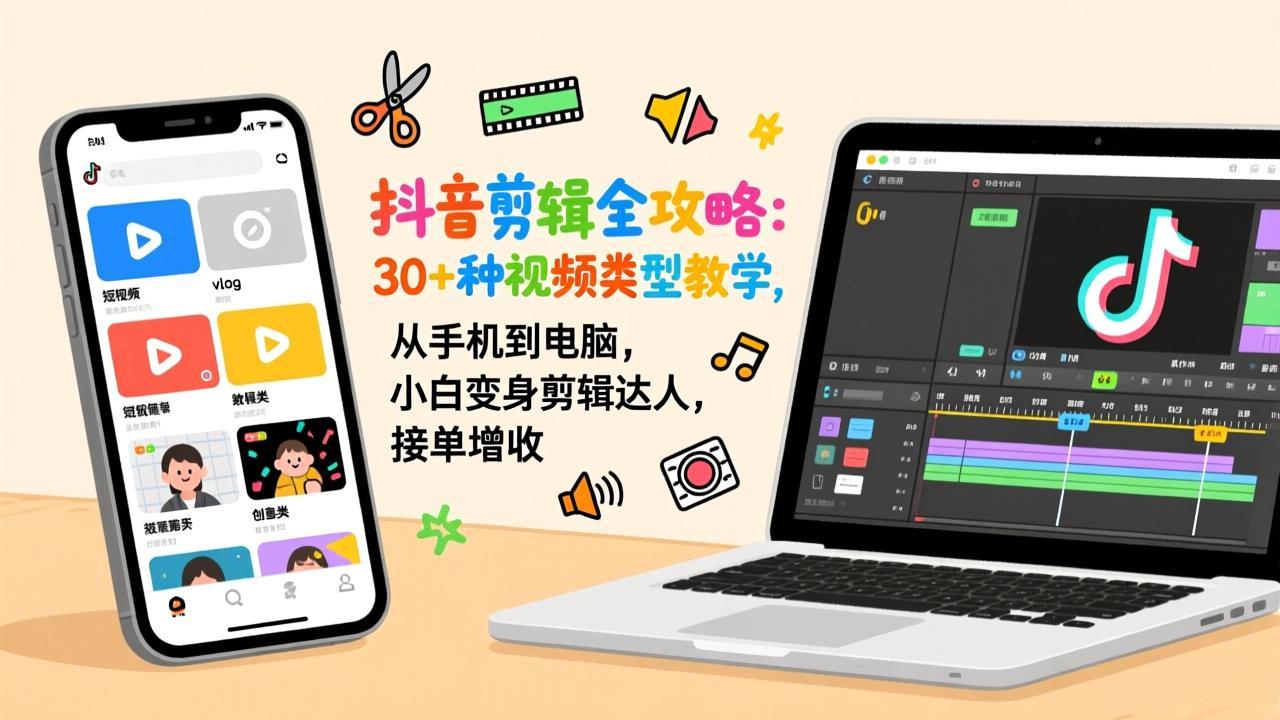 抖音剪辑全攻略：30+种视频类型教学，从手机到电脑，小白变身剪辑达人，接单增收-weicye