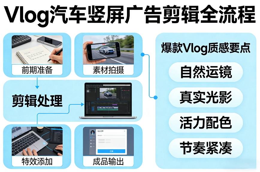 Vlog感觉汽车竖屏广告剪辑脚本全流程，拿捏爆款Vlog质感-weicye