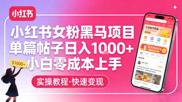 小红书女粉黑马项目，单篇帖子日入1k+，小白零成本上手-weicye